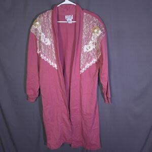 Vintage Lacy Afternoon Pink Long Robe with‎ Lace Appliqué Size Large Cottagecore